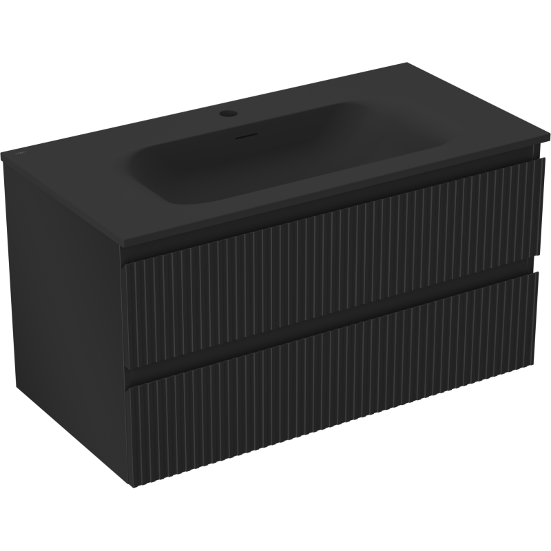 Mexen Rivel bathroom cabinet 90 cm with Vela washbasin, 2 drawers, fluted, matte black - 91A20-09047-2-BFF71-W23M71