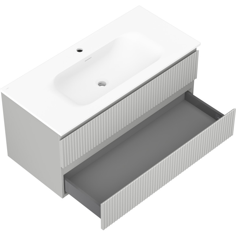 Mexen Rivel 100 cm Bathroom Cabinet with Vela Sink, 2 Drawers, Ribbed, Matte Gray/Matte White - 91A20-10047-2-BFF62-W23M01