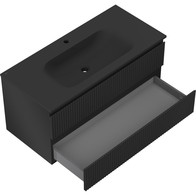 Mexen Rivel 100 cm Bathroom Cabinet with Vela Sink, 2 Drawers, Fluted, Matte Black - 91A20-10047-2-BFF71-W23M71