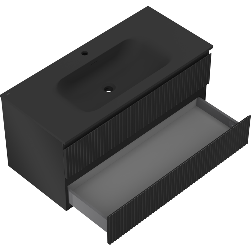 Mexen Rivel bathroom cabinet 100 cm with Vela sink, 2 drawers, fluted, black matt - 91A20-10047-2-BFF71-W23M71
