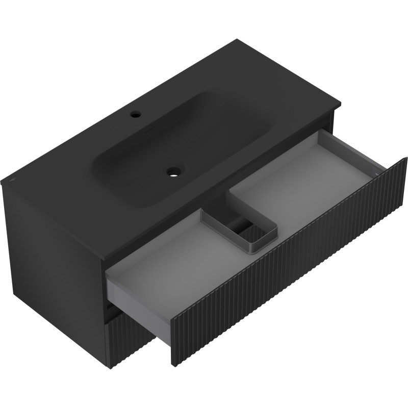 Mexen Rivel 100 cm Bathroom Cabinet with Vela Sink, 2 Drawers, Fluted, Matte Black - 91A20-10047-2-BFF71-W23M71