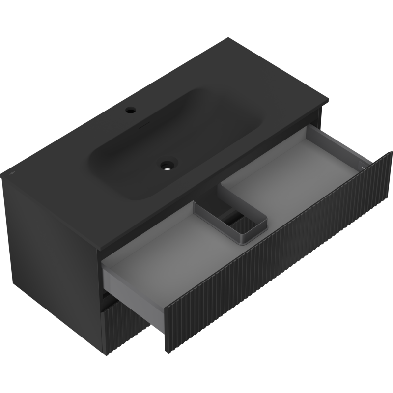 Mexen Rivel bathroom cabinet 100 cm with Vela sink, 2 drawers, fluted, black matt - 91A20-10047-2-BFF71-W23M71