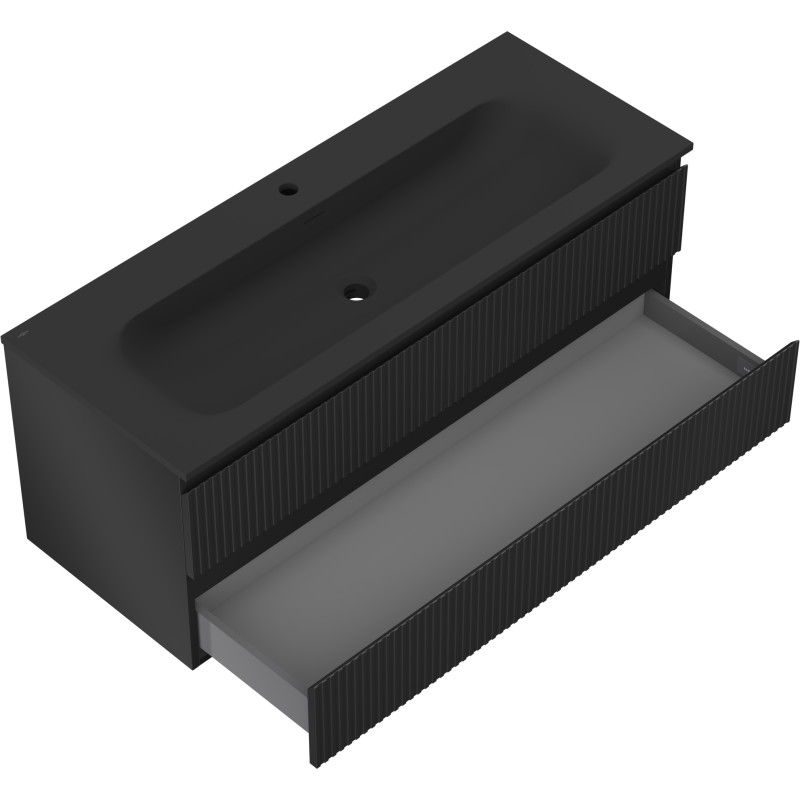 Mexen Rivel 120 cm bathroom cabinet with Vela washbasin, 2 drawers, fluted, black matte - 91A20-12047-2-BFF71-W23M71