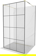 Mexen Kioto Freestanding Shower Wall 100 x 200 cm, Black Grid 8 mm, Gold - 800-100-002-50-77