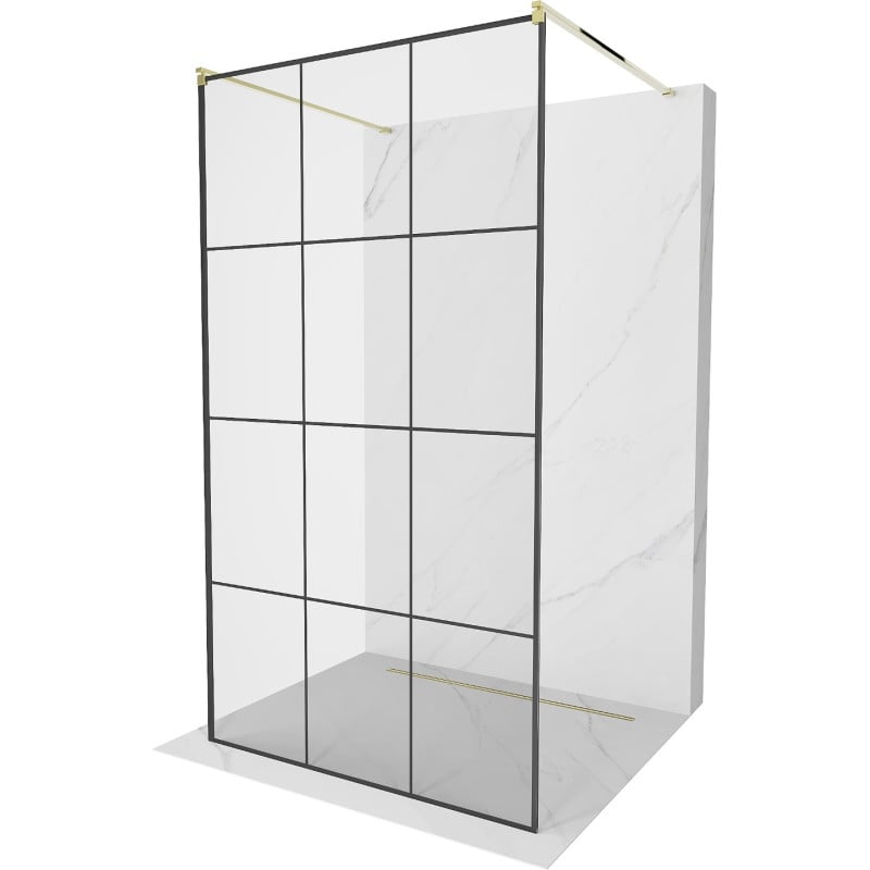 Mexen Kioto freestanding shower wall 110 x 200 cm, black grid 8 mm, gold - 800-110-002-50-77