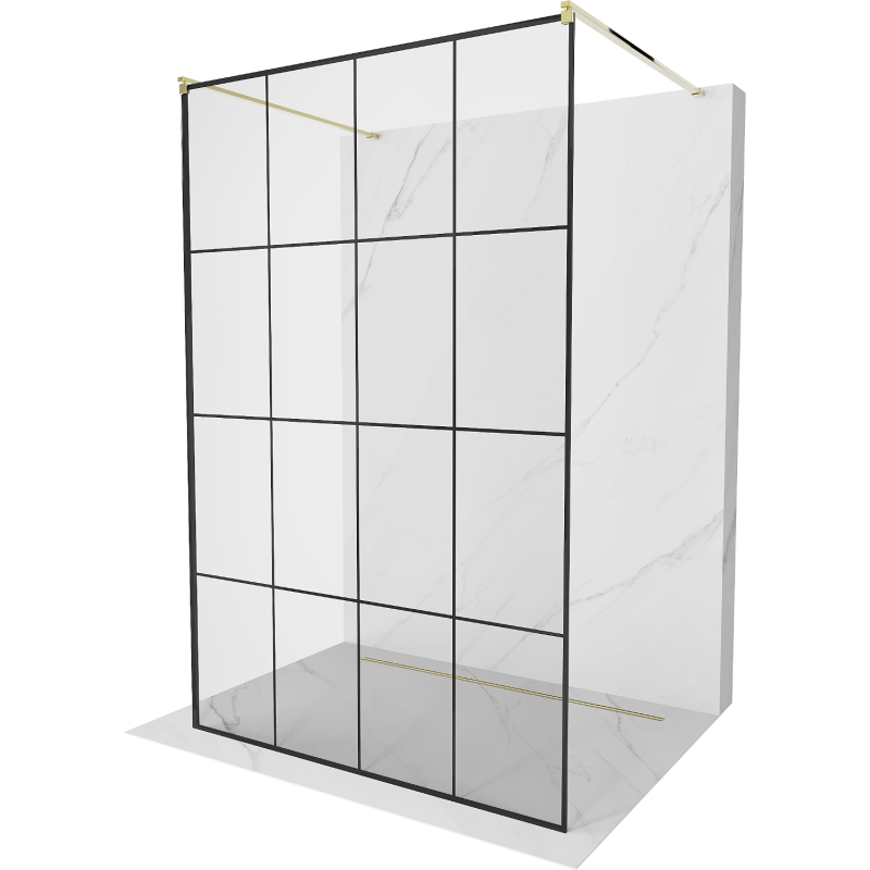 Mexen Kioto freestanding shower wall 130 x 200 cm, black grid 8 mm, gold - 800-130-002-50-77