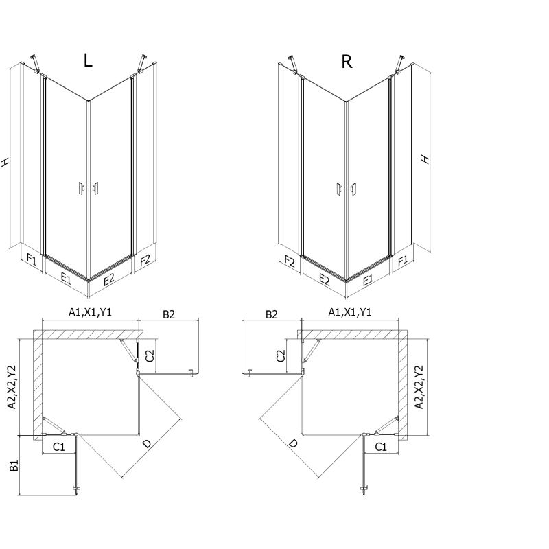 Mexen Mist L Duo Hinged Shower Enclosure 105 x 100 cm, Black Grate, Black - 8A4L-105L-100P-70-77
