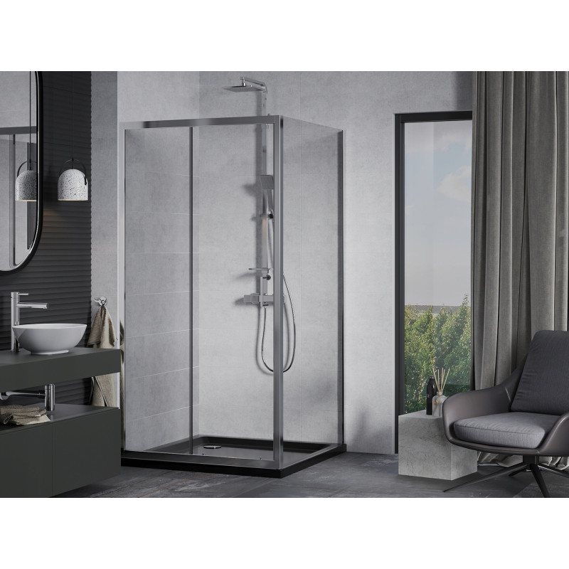Mexen Apia sliding shower cabin 90 x 90 cm, transparent, chrome + Flat shower tray, black - 840-090-090-01-00-4070