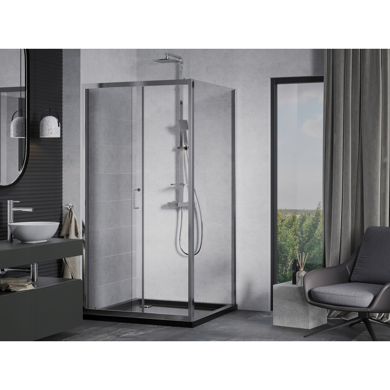 Mexen Apia sliding shower cabin 100 x 100 cm, transparent, chrome + Flat black shower tray - 840-100-100-01-00-4070