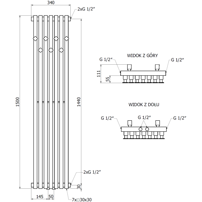 Mexen Flux decorative bathroom radiator 1500 x 340 mm, 630 W, black - W127-1500-340-00-70