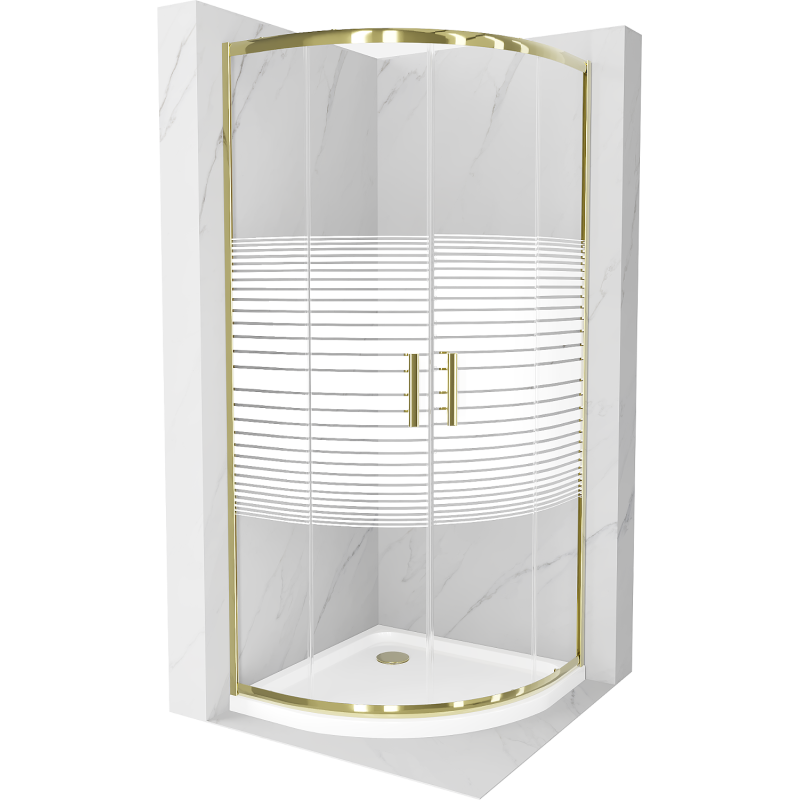 Mexen Rio semi-circular shower cabin 90 x 90 cm, stripes, gold + Flat shower tray, white - 863-090-090-50-20-4110G