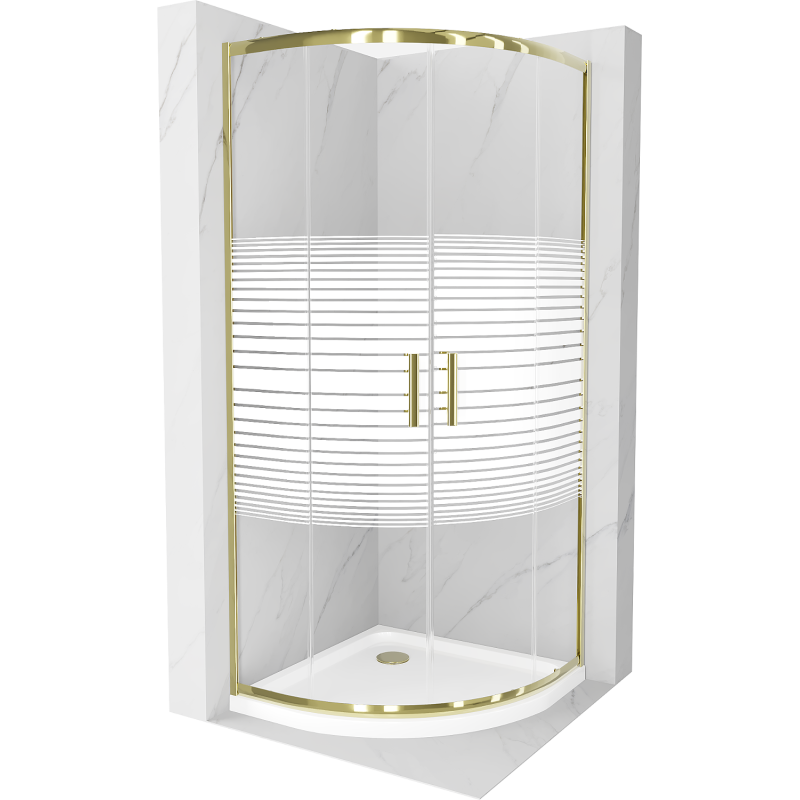 Mexen Rio Semi-Circular Shower Enclosure 90 x 90 cm, White Stripes, Gold + Flat Tray, White - 863-090-090-50-20-4110G