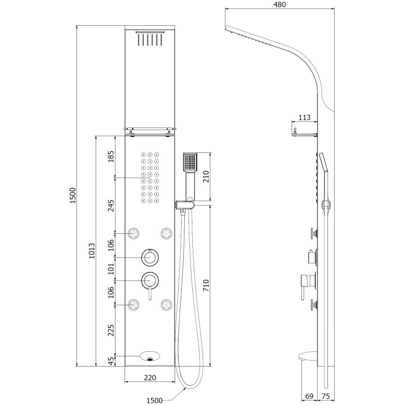 Mexen Adrox shower panel with spout, black - 7613-04-70