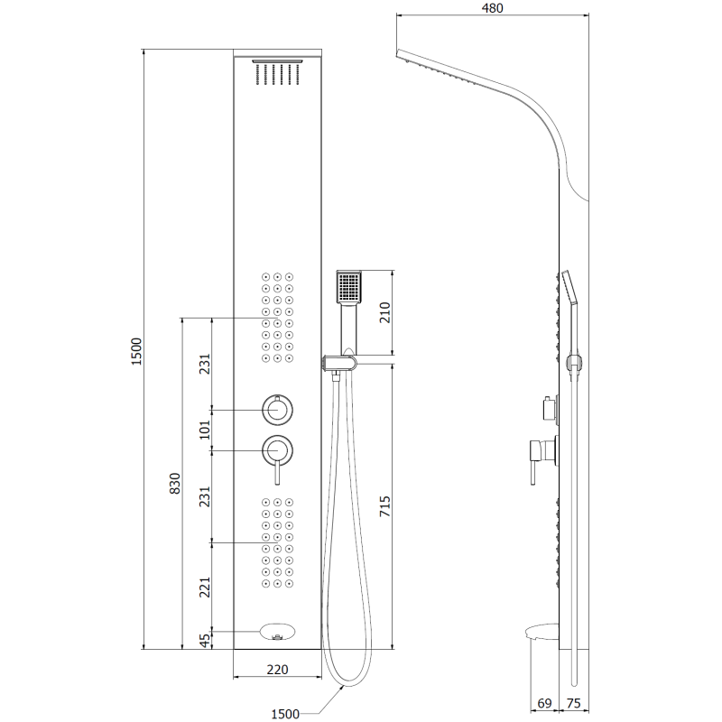 Mexen Ardo shower panel with spout, black - 7617-04-70