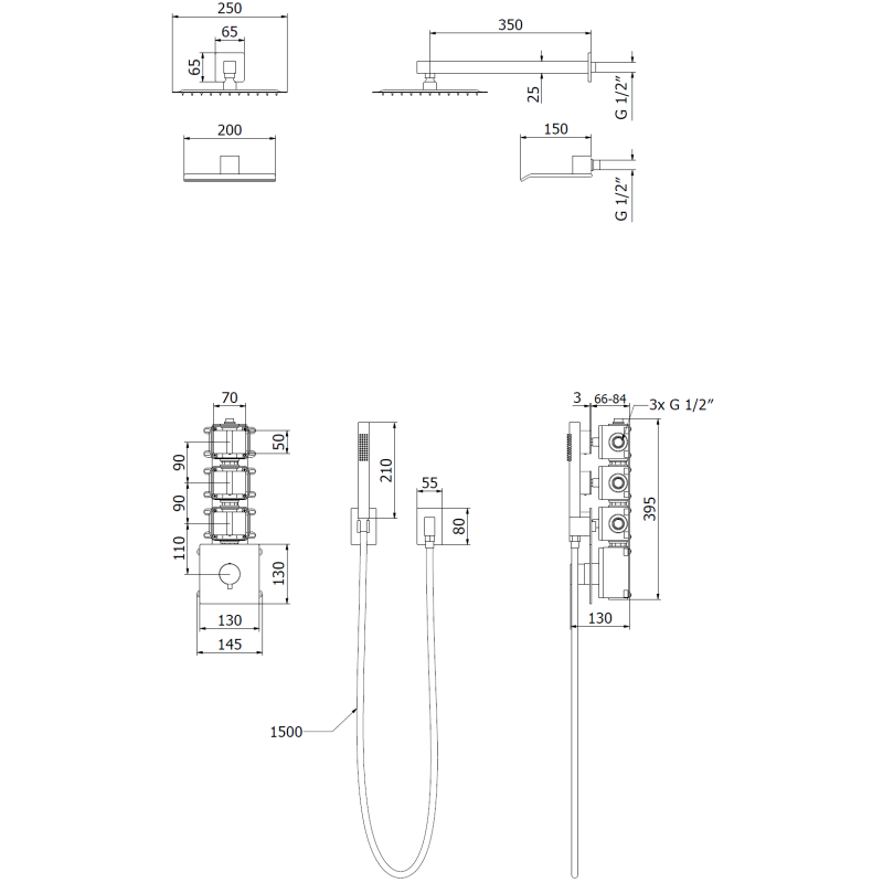 Mexen Boka concealed shower set, black - 7603-03-70