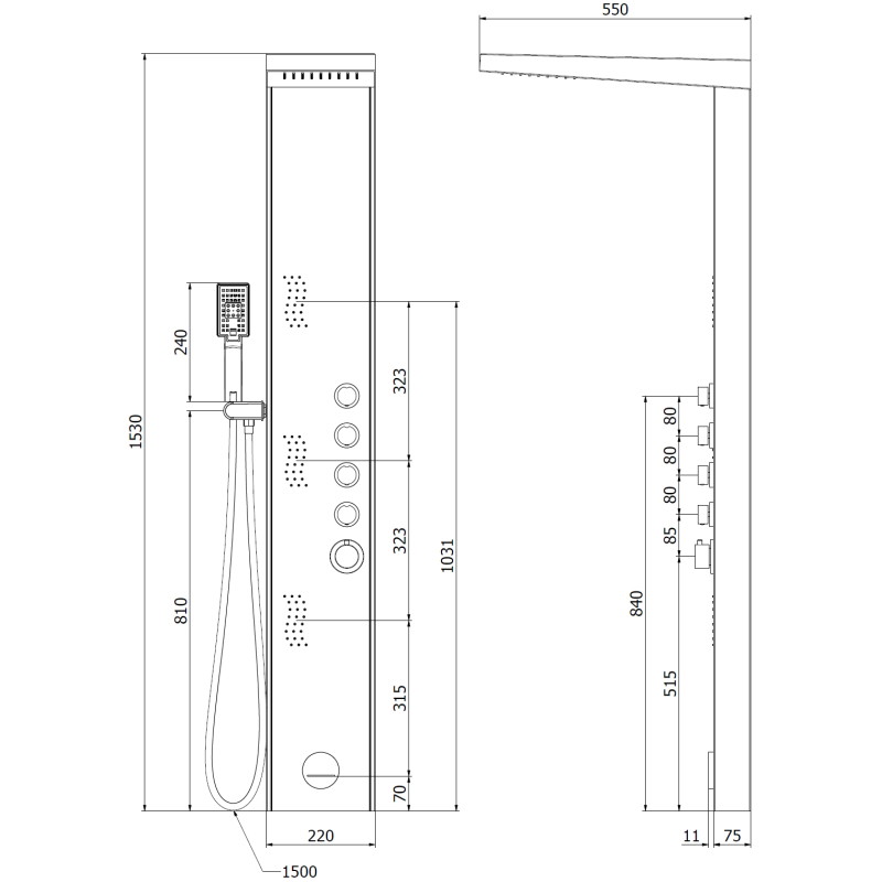Mexen Damon shower panel with spout, chrome/black - 7623-04-17