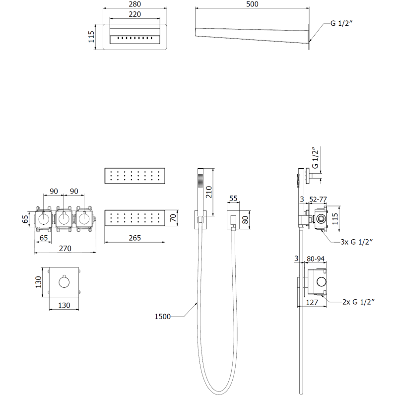 Mexen Fall concealed shower set, black - 7602-04-70
