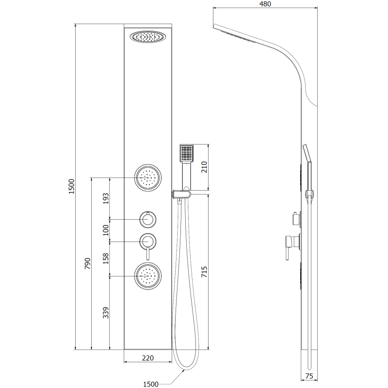 Mexen Gros shower panel, black - 7619-03-70