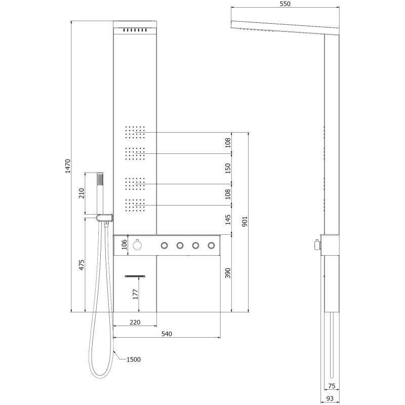Mexen Natan shower panel with spout, black - 7626-04-70