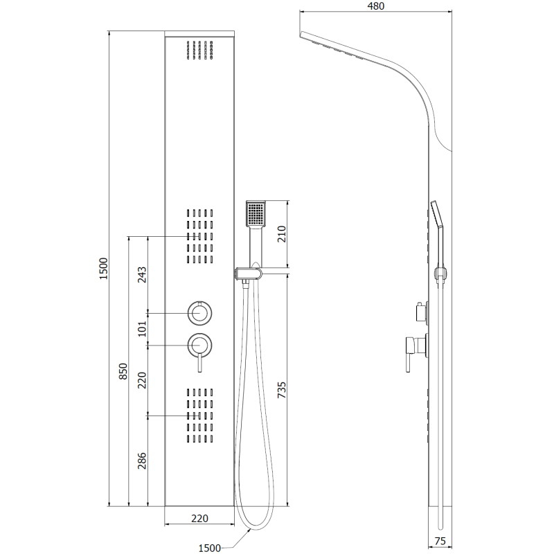 Mexen Taro shower panel, black - 7614-03-70