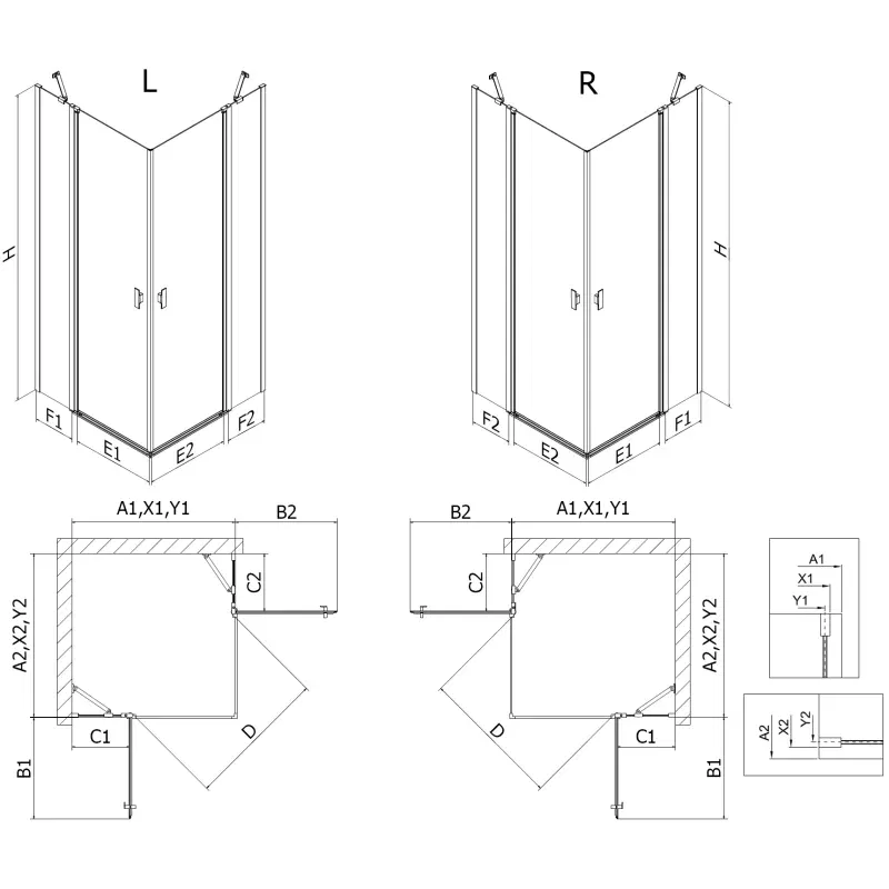 Mexen Mist Duo 70 x 70 cm Hinged Shower Enclosure, Transparent, Brushed Gold - 8A4-070-070-55-00