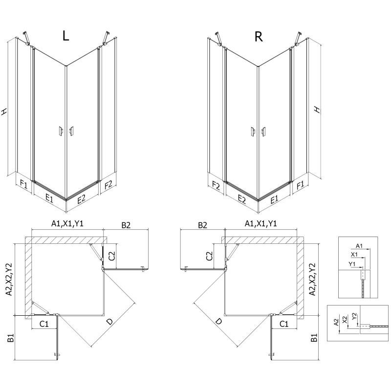 Mexen Mist Duo 70 x 70 cm, Transparent, Black Hinged Shower Enclosure - 8A4-070-070-70-00