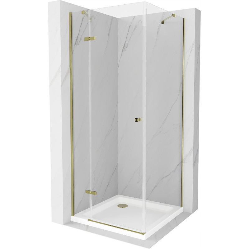 Mexen Roma hinged shower cubicle 90 x 90 cm, Transparent, Gold + shower tray Flat - 854-090-090-50-00-4010