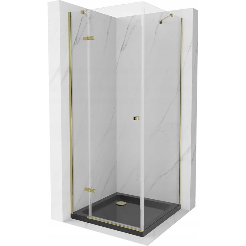 Mexen Roma 90 x 90 cm Hinged Shower Enclosure, Transparent, Gold + Flat Black Tray - 854-090-090-50-00-4070G