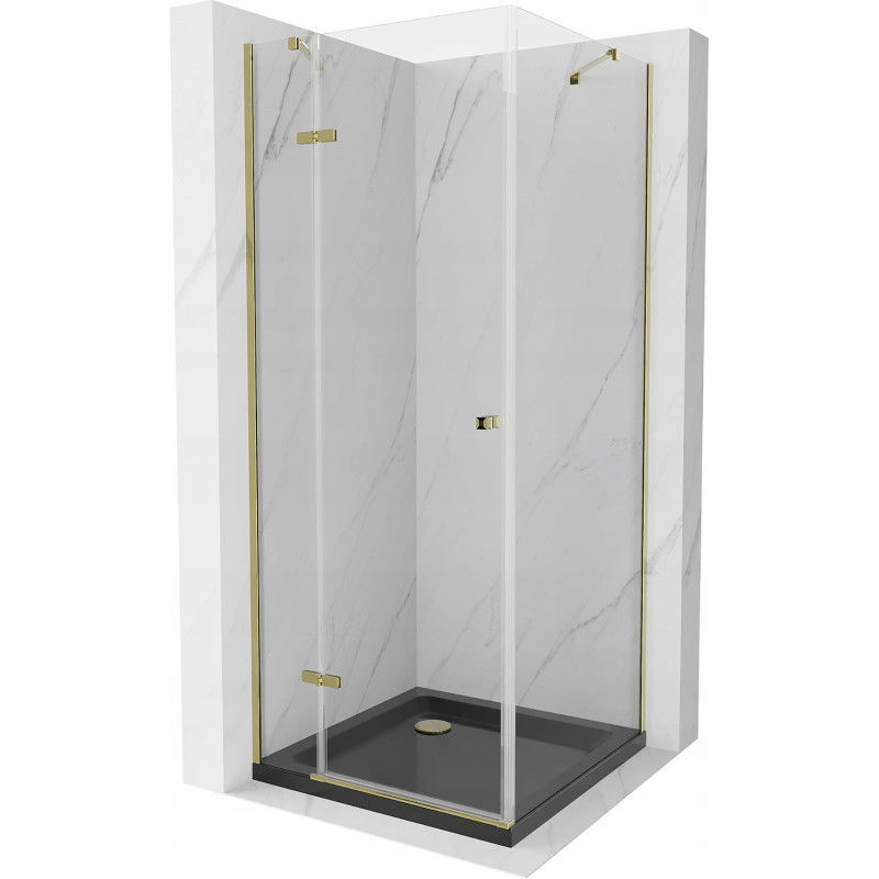 Mexen Roma hinged shower cubicle 90 x 90 cm, Transparent, Gold + shower tray Flat, Black - 854-090-090-50-00-4070G