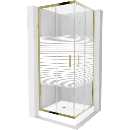 Mexen Rio 80 x 80 cm square shower cabin, white stripes, gold + tray, white - 860-080-080-50-20-4510