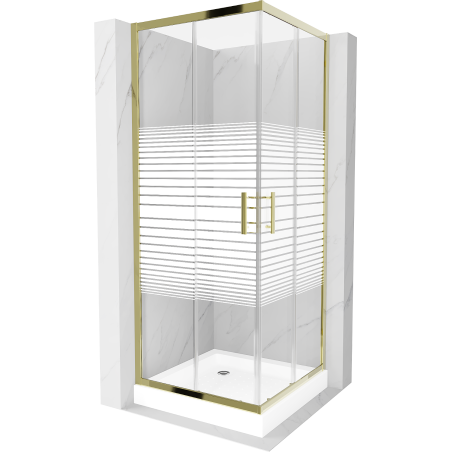 Mexen Rio square shower cubicle 80 x 80 cm, Stripes, Gold + shower tray Rio, White - 860-080-080-50-20-4510