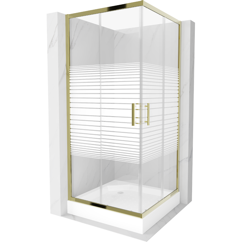 Mexen Rio square shower cubicle 90 x 90 cm, Stripes, Gold + shower tray Rio, White - 860-090-090-50-20-4510