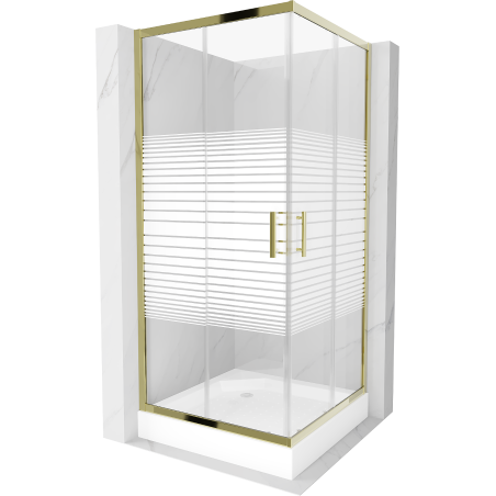 Mexen Rio square shower cabin 90 x 90 cm, white stripes, gold + Rio tray, white - 860-090-090-50-20-4510