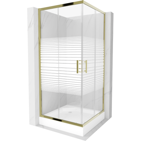 Mexen Rio square shower cubicle 90 x 90 cm, Stripes, Gold + shower tray Rio, White - 860-090-090-50-20-4510