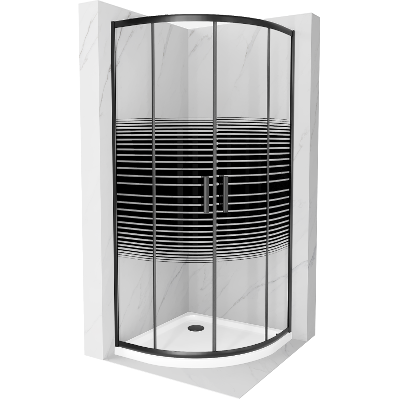Mexen Rio semi-circular shower cabin 80 x 80 cm, black stripes, black + Flat shower tray, white - 863-080-080-70-20-4110B