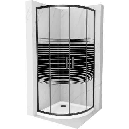 Mexen Rio semi-circular shower cabin 80 x 80 cm, black stripes, black + Flat shower tray, white - 863-080-080-70-20-4110B