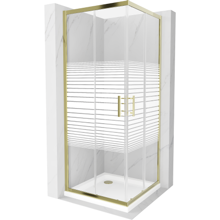 Mexen Rio square shower cubicle 90 x 90 cm, Stripes, Gold + shower tray Flat, White - 860-090-090-50-20-4010G