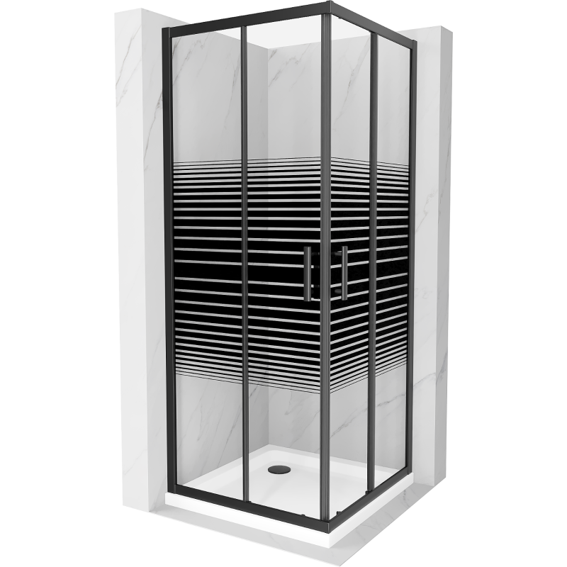 Mexen Rio square shower cubicle 80 x 80 cm, Stripes, Black + shower tray Flat, White - 860-080-080-70-20-4010B