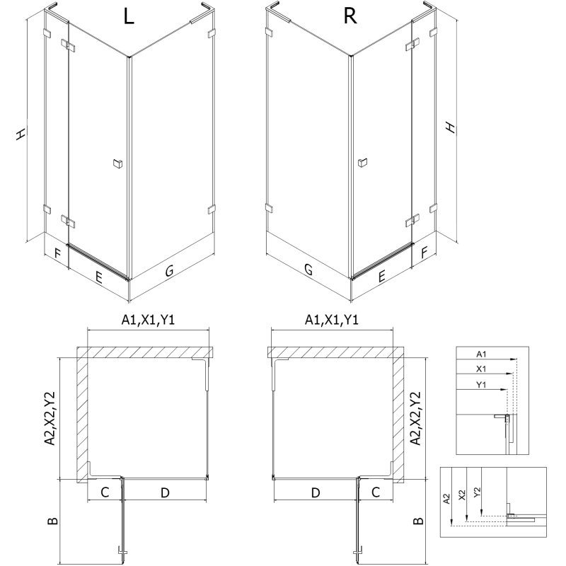 Mexen Lunar L Right Hinged Shower Cabin 100 x 70 cm, Transparent, Brushed Gold - 834L-100-070-55-00-P