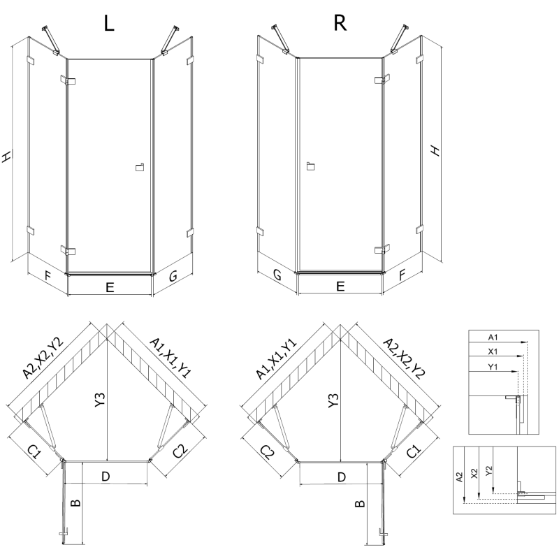 Mexen Lunar pentagonal shower enclosure, left hinged, 80 x 90 cm, transparent, brushed copper - 831-080L-090P-65-00-L