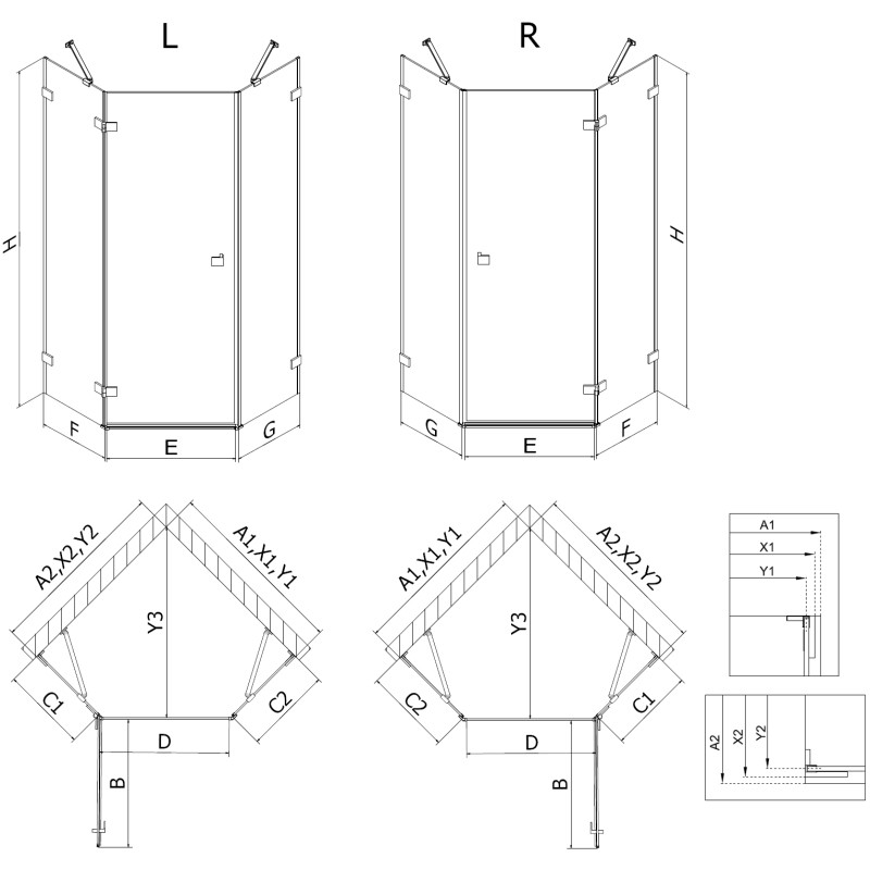 Mexen Lunar pentagonal left-hinged shower cabin 80 x 100 cm, transparent, brushed nickel - 831-080L-100P-97-00-L