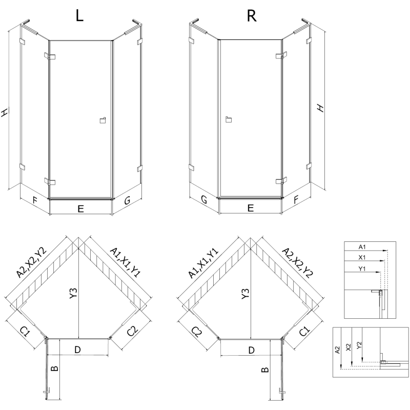 Mexen Lunar L pentagonal shower enclosure with right-hinged door 80 x 80 cm, transparent, rose gold - 831L-080P-080L-60-00-P