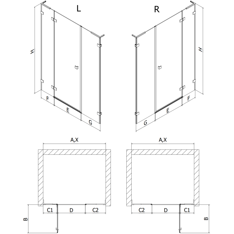 Mexen Lunar L Left Hinged Shower Door 130 cm, Transparent, Brushed Copper - 834SL-130-050-65-00-L