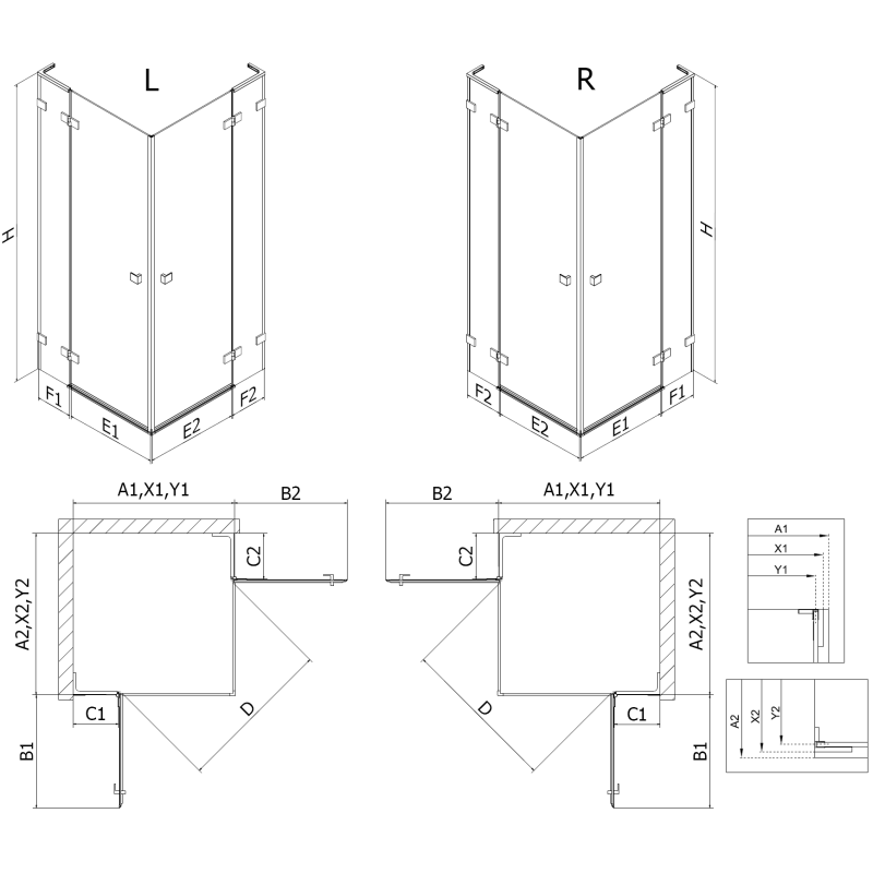 Mexen Lunar L Duo Hinged Shower Enclosure Left 120 x 100 cm, Transparent, Brushed Gold - 834L-120L-100P-55-00