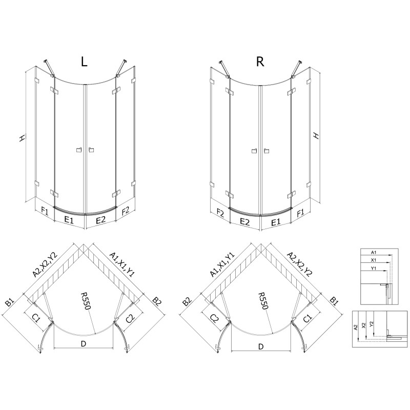Mexen Lunar semi-circular right-hinged shower enclosure 90 x 70 cm, transparent, brushed gold - 833-090P-070L-55-00