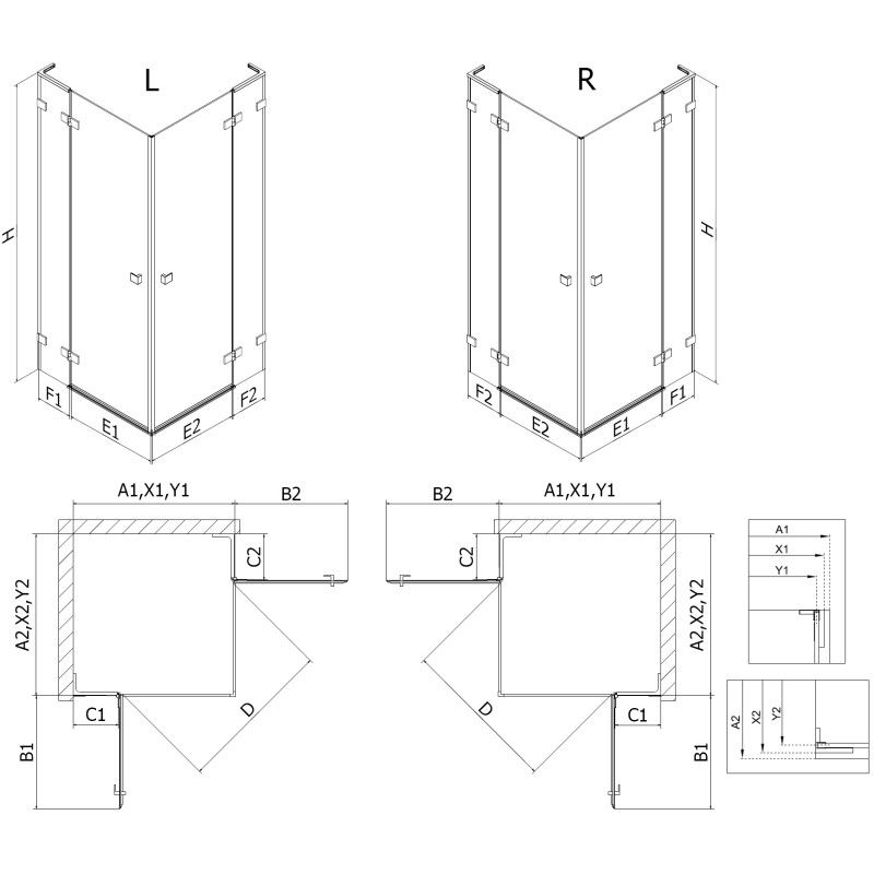 Mexen Lunar L Duo Left Hinged Shower Cabin 100 x 90 cm, Transparent, Brushed Nickel - 834L-100L-090P-97-00
