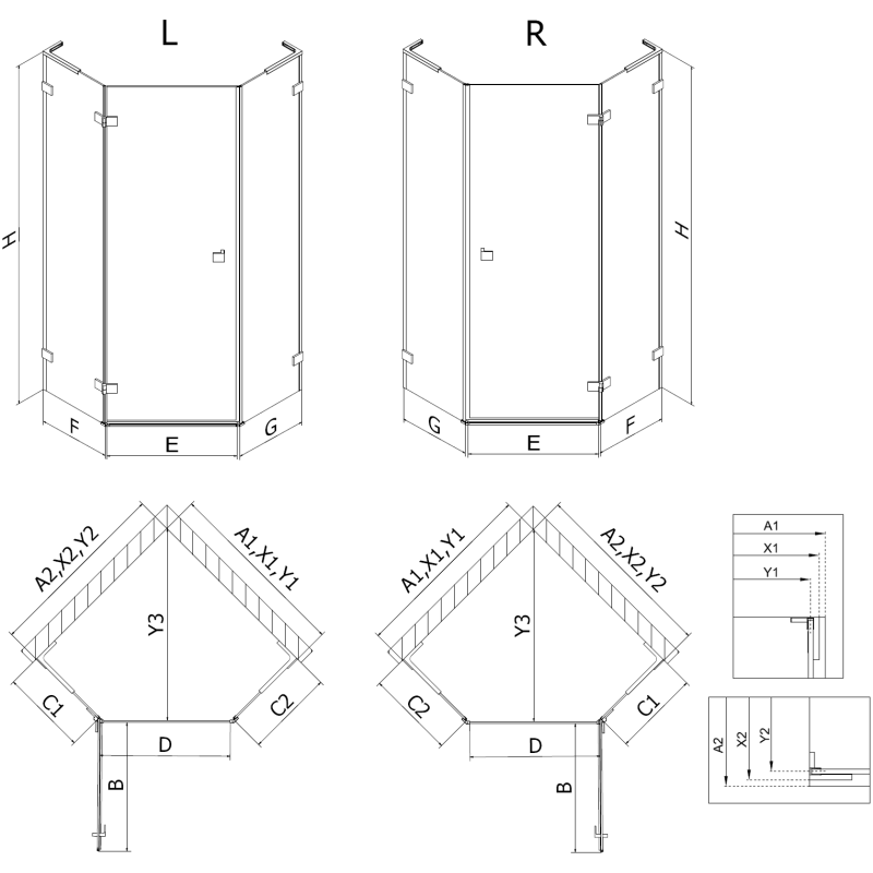 Mexen Lunar L pentagonal shower enclosure right hinged 90x100 cm transparent, brushed gun gray - 831L-090P-100L-66-00-P