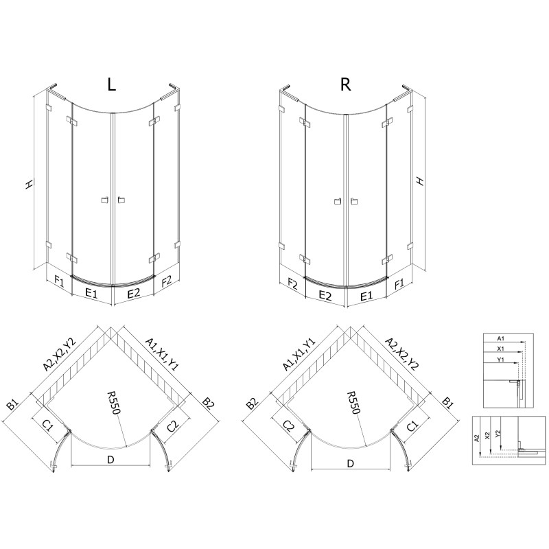 Mexen Lunar L left-hinged semicircular shower enclosure 100 x 90 cm, transparent, gun metal - 833L-100L-090P-95-00