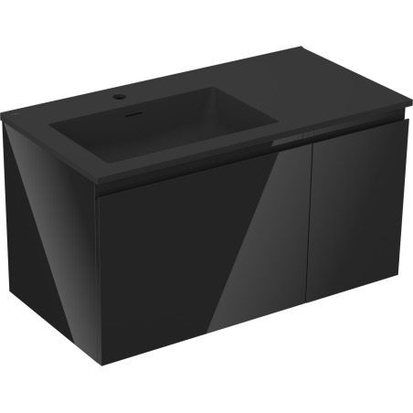 Mexen Orio 90 cm bathroom cabinet with Otis left sink, 1S, 1D, black gloss/black matte - 91A13-09047-3-BBFF70-W18L71