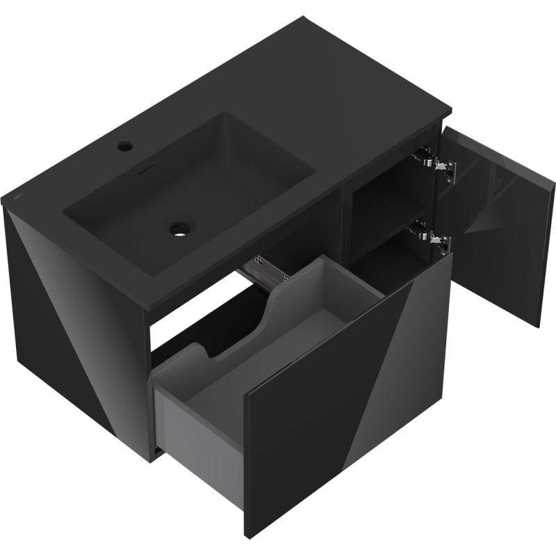 Mexen Orio bathroom cabinet 90 cm with left Otis sink, 1S, 1D, black gloss/black matte - 91A13-09047-3-BBFF70-W18L71